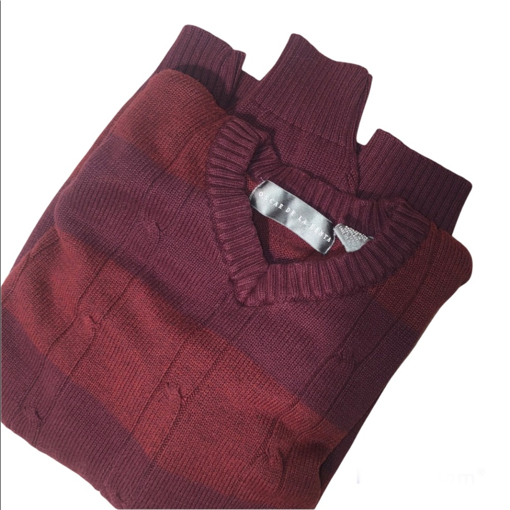 Oscar de la Renta Men’s Crewneck Cable Knit Burgundy Striped Sweater Sz L